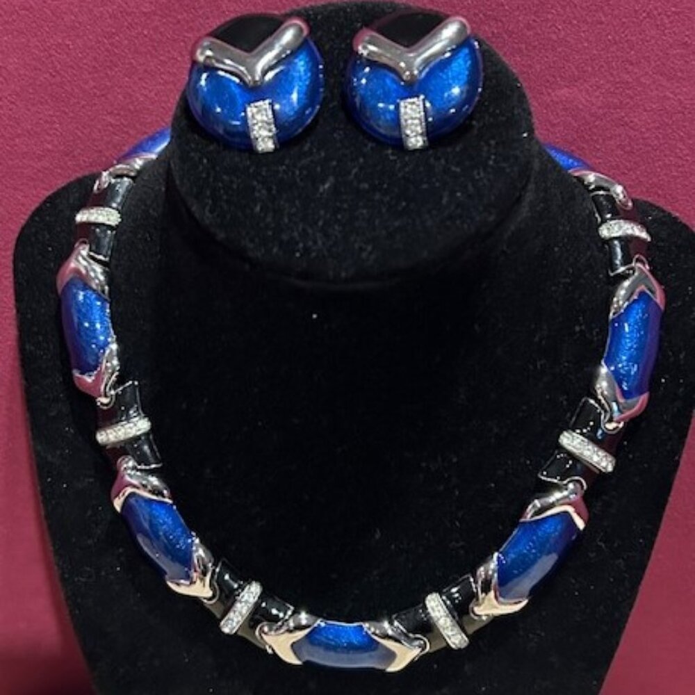DARIA Designer Black/Blue/Silver Rhinestone Choker Necklace Earrings SET